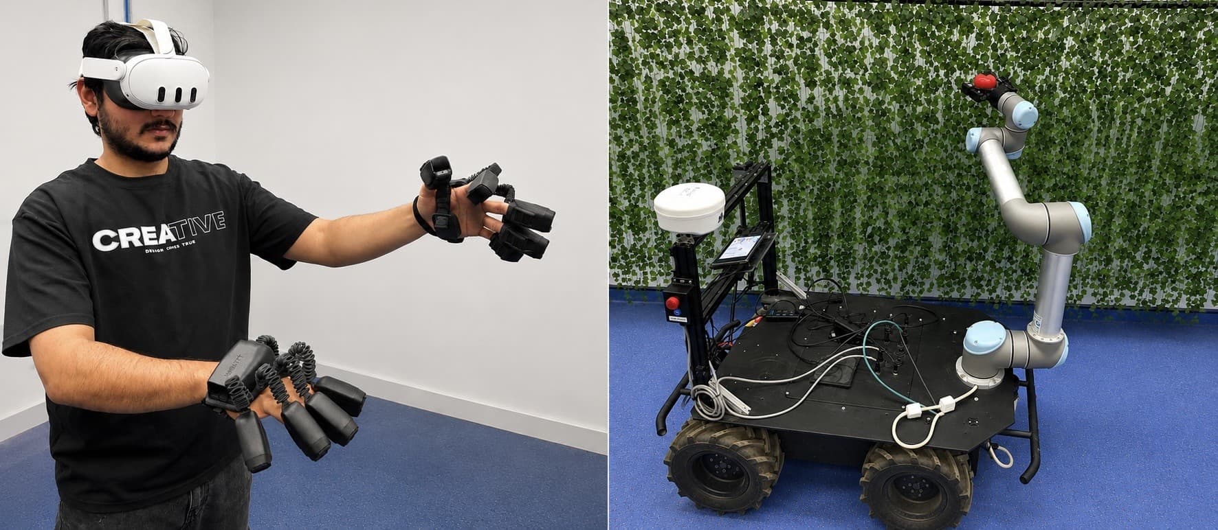 Researcher using a VR headset and haptic gloves alongside a mobile robot arm
