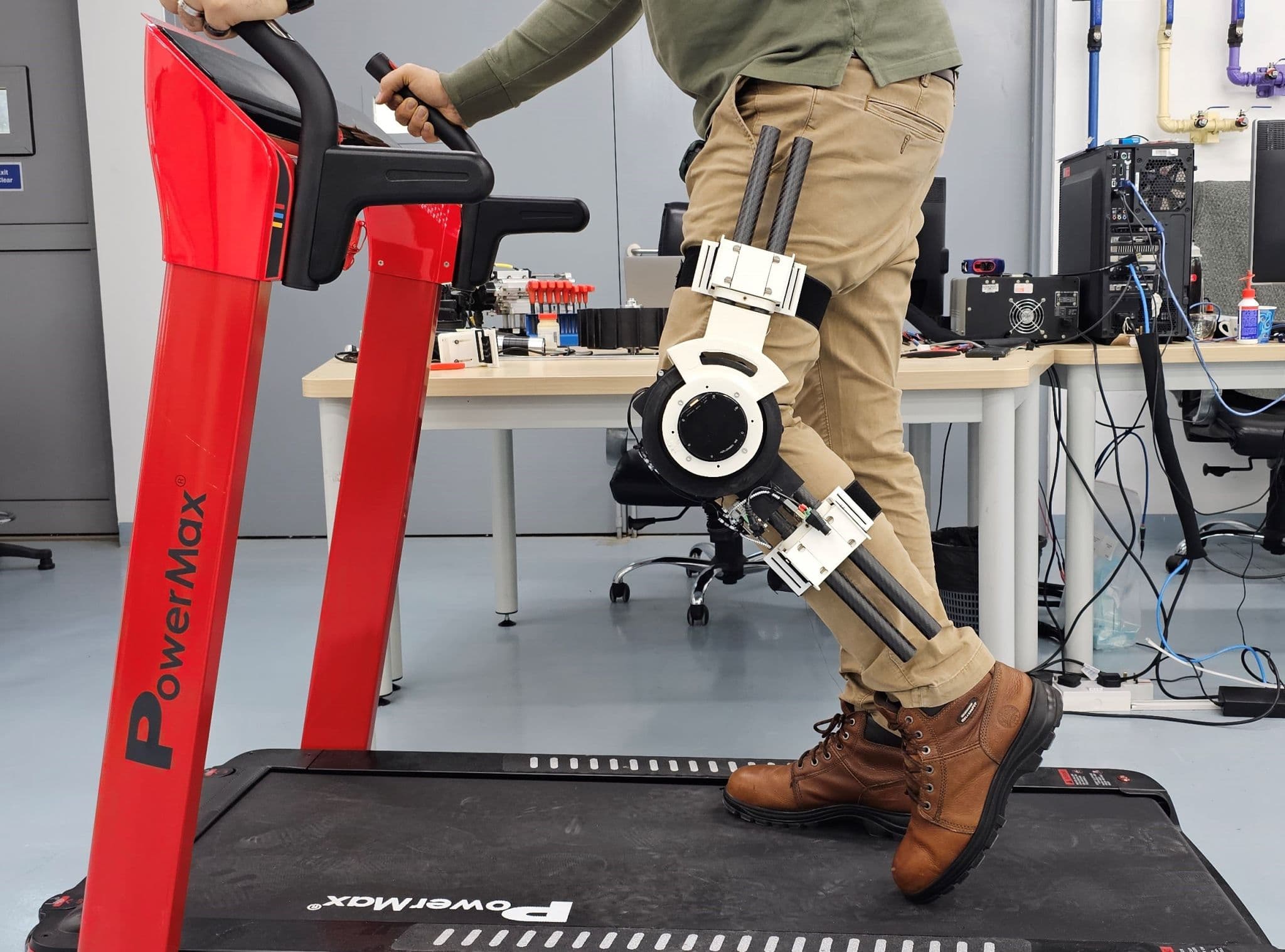 Knee exoskeleton being evaluated during treadmill walking